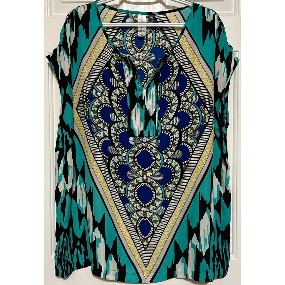Pure Energy Women's‎ Green Yellow Black Blue Short Sleeve Blouse Size X